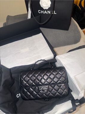 CHANEL Black Quilted Lambskin Top Handle Flap Bag with CC Turn-Lock